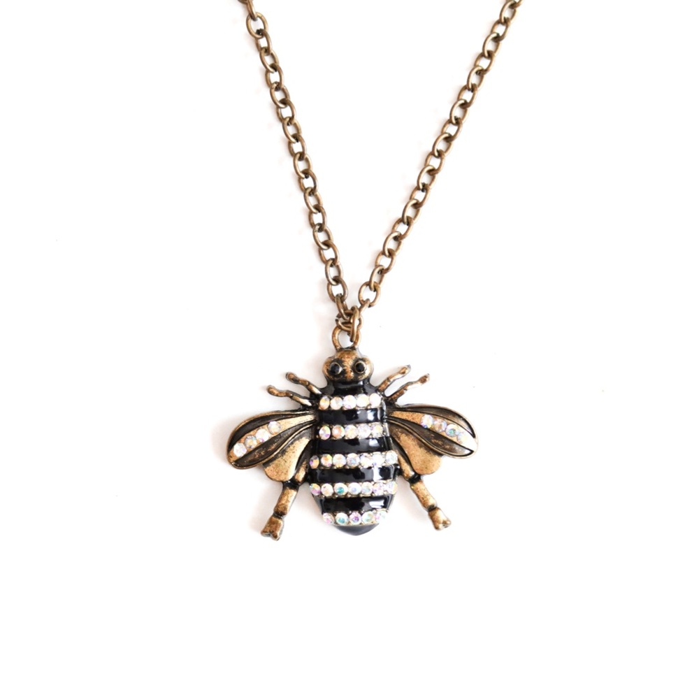 Gold Tone Black Rhinestone Bumble Bee Pendant Necklace